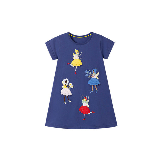 Summer Arrival Cartoon Dancers Pattern Short Sleeves Dress for Stylish Girls-0