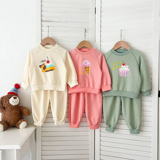 Spring and Autumn Kids Unisex Cute Cartoon Pattern Long Sleeves Top Pullover and Pants clothing Set-0
